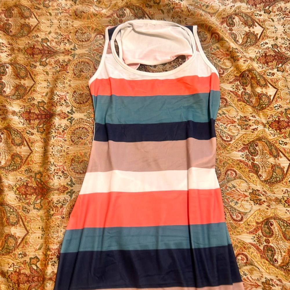 Striped Racerback Tank Dress — Coral, Teal, Navy & White